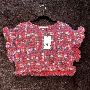 Zara Women's Red and Pink Plaid Crop Top
